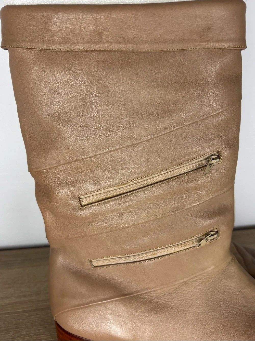 Vintage Jean Pier Clemente Leather Mid Calf Boots Mens 12D Beige Double Zip